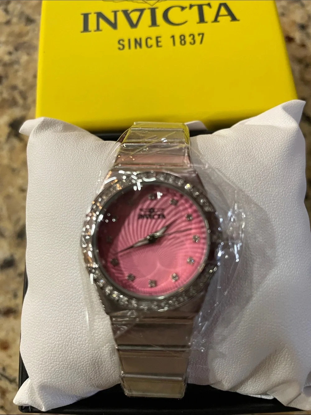 Invicta Angel Women's Silver Bracelet Watch with Pink Dial and Crystal Bezel